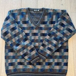 Magalos V-Neck Patterned 2XLT Vintage 90’s Sweater in Blue and Brown Grandpa Dad